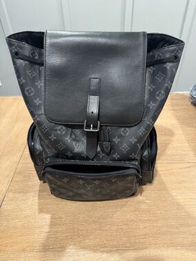 Louis Vuitton Black Monogram Canvas Men's Backpack with Leather Flap